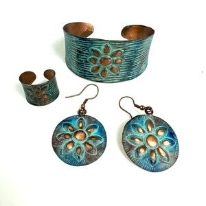 Anju Ring Earrings Bracelet Jewelry Set Copper Flower Green Teal 3 Piece